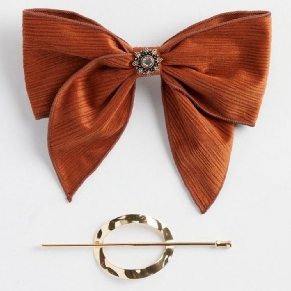 2 Piece Set - TORRID - Bow and Barrette Gold Tone Brown Fabric NEW